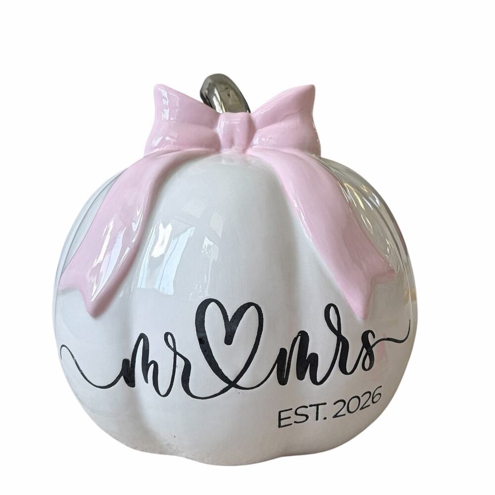 New MR. & MRS. Est 2026 Ceramic PINK BOW Pumpkin White Silver Stem 9" Fall Decor
